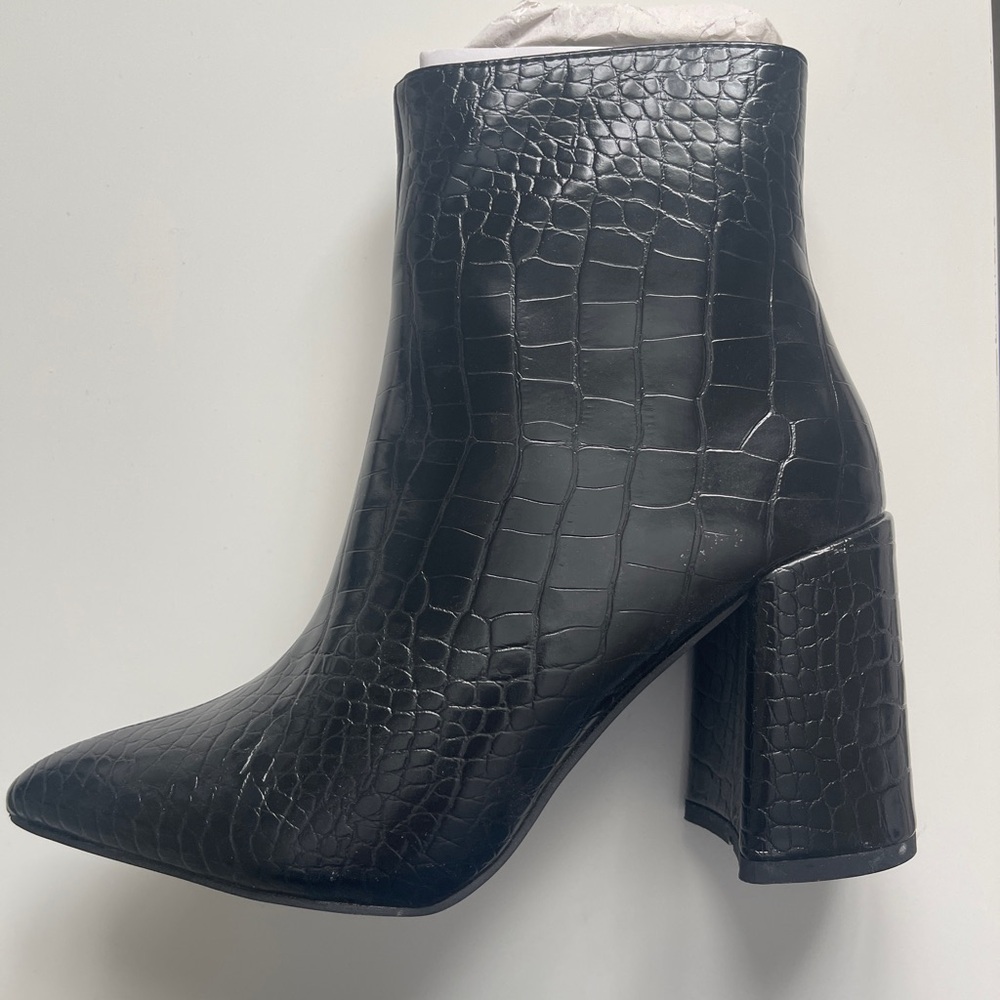 Black Crocodile-Embossed Ankle Boots